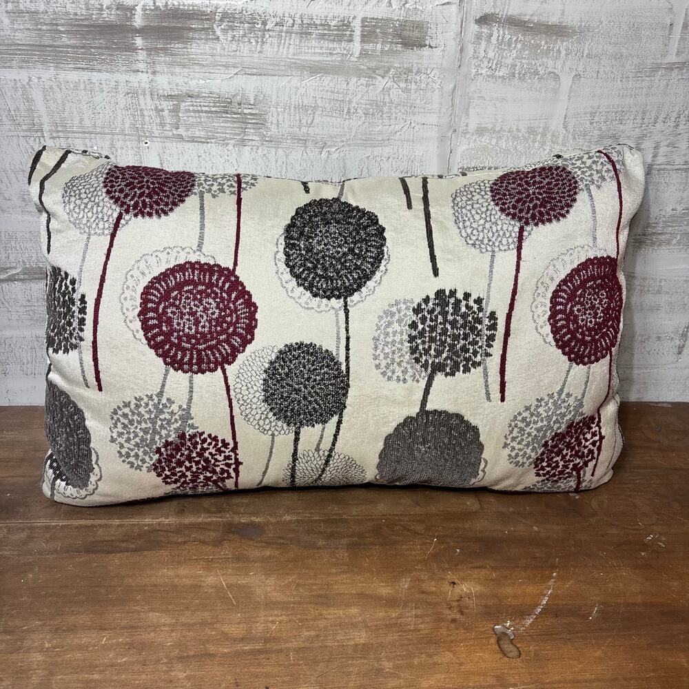 Large Lumbar Burgundy and Gray Floral Accent Pillow